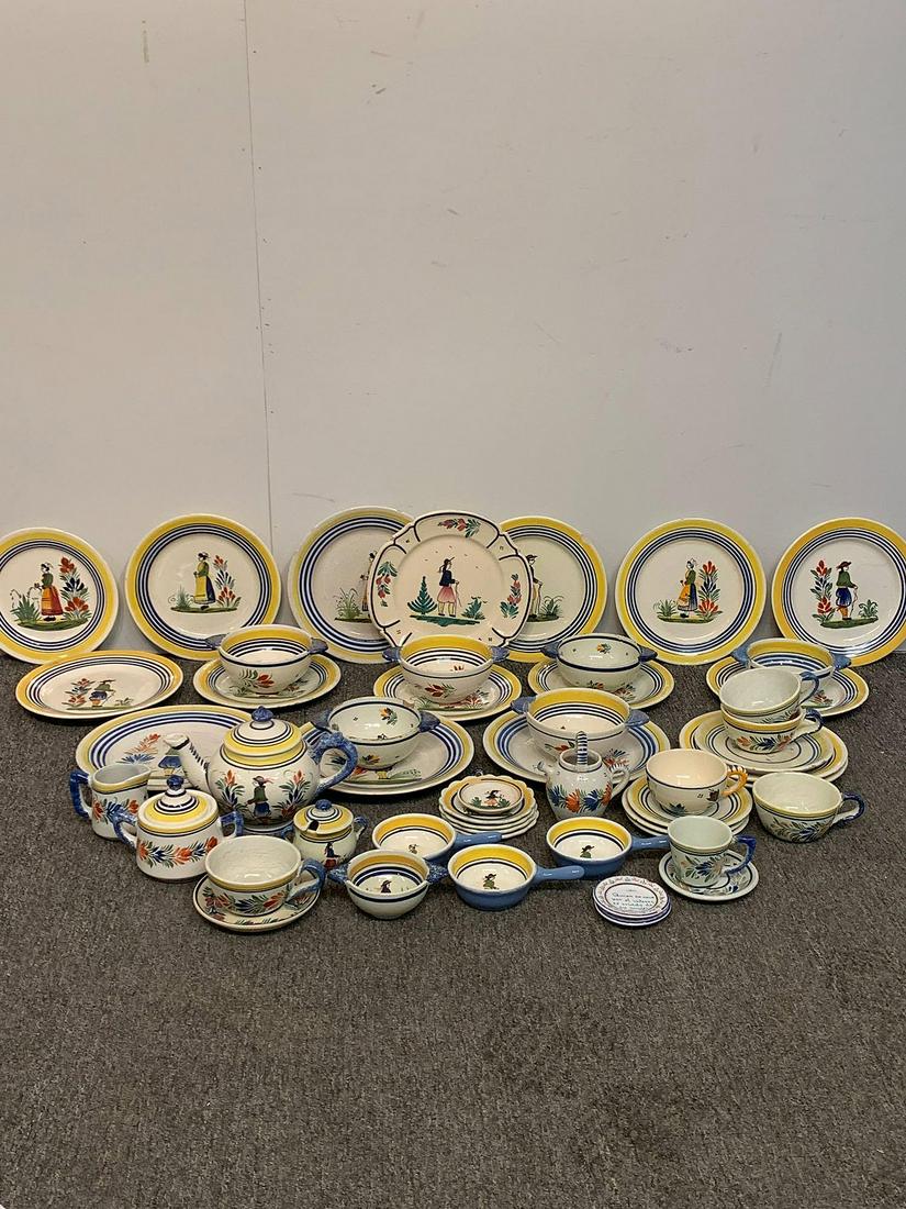 Quimper French & Spanish Pottery Grouping: A collection of 48 pieces of Quimper French pottery together with two small Spanish pottery dishes. Many signed Henroit Quimper or HB Quimper.