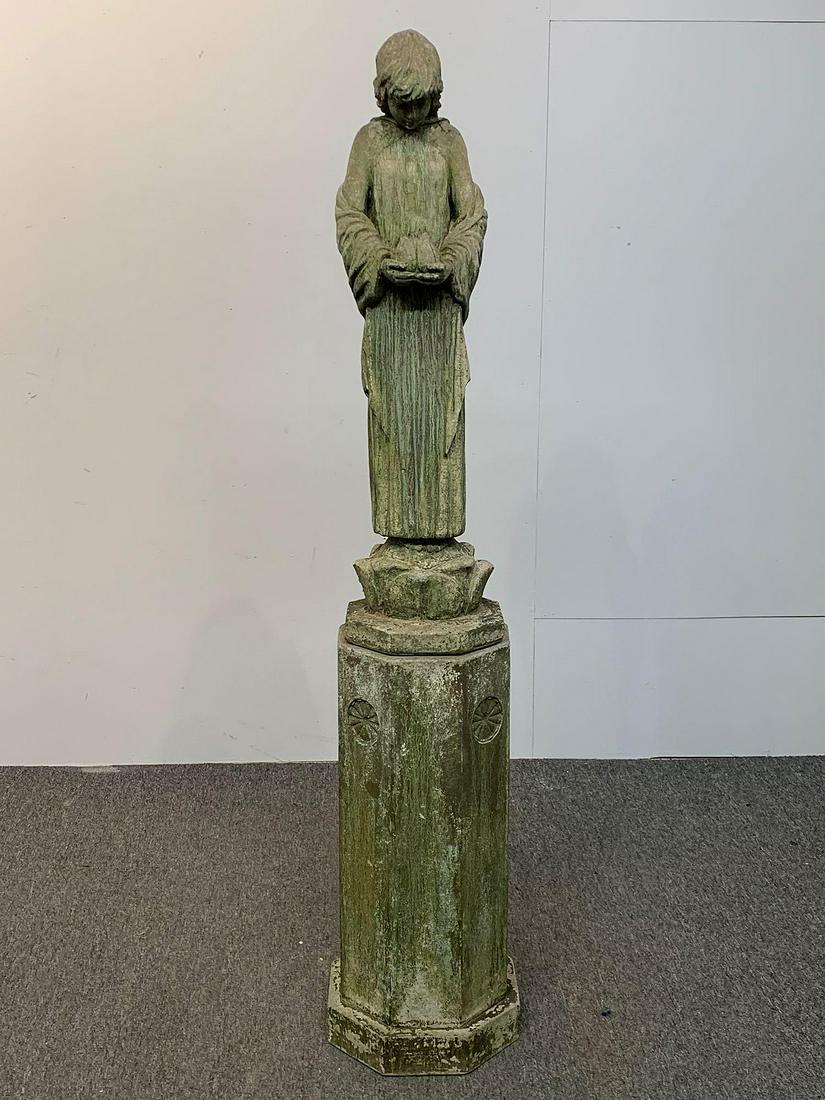 Nina Studios Concrete Statue and Pedestal: A concrete garden statue of a standing figure holding a blossom on a pedestal base, mounted on a cast octagonal pedestal base. Both stamped for Nina Studios, Quakertown PA. Entire composition: 56 in t