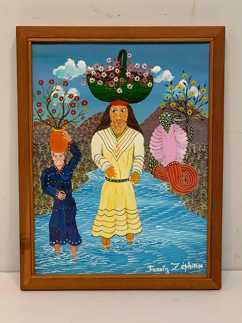 Frantz Zephirin. Oil On Canvas, Untitled: Frantz Zephirin (Haitian, 20th Century). An oil on canvas untitled painting with figures in a stream. Signed lower right. 16 in x 12 in.