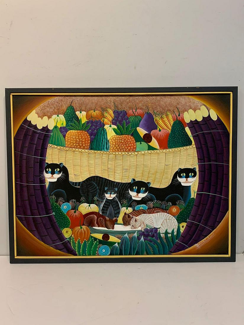 Daniel Louis. Oil on Canvas, Cats and Fruit: Daniel Louis (Haitian, 20th Century). An oil on canvas painting depicting cats and a colorful fruit basket. Signed lower right. 24 in x 32 in.