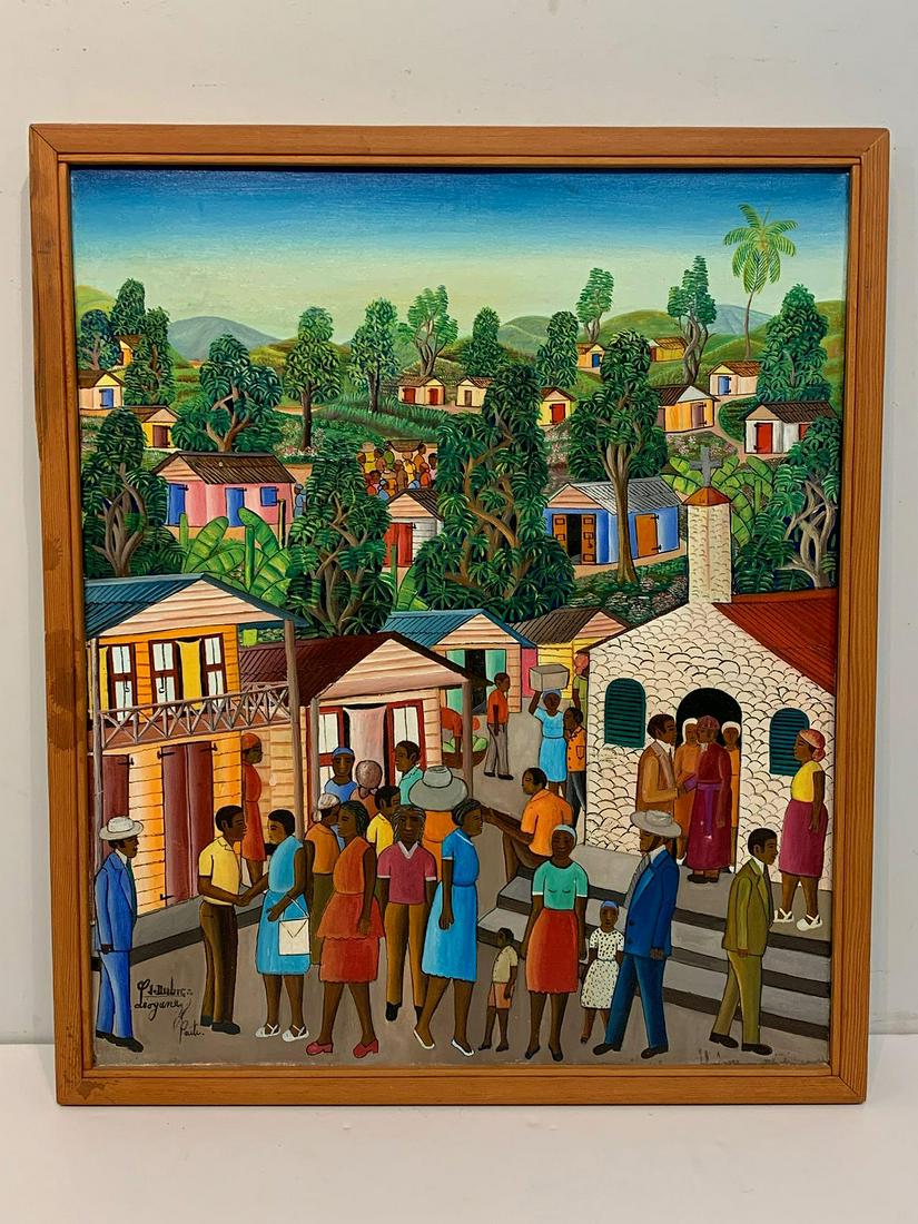 Jean Dubic. Oil on Canvas, Village Church Scene: Jean Nelson Dubic (Haitian, 20th Century). An oil on canvas depicting a village church scene. Signed lower left. 24 in x 20 in.