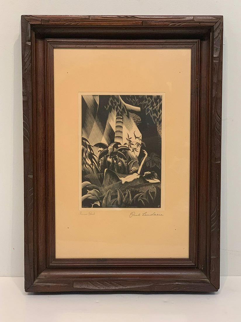 Paul Landacre. Engraving, Forest Girl: Paul Landacre (California, 1893-1963). A wood engraving titled "Forest Girl". Signed in plate and name on mat. In carved wood frame. Mat opening: 8-3/4 in tall x 6-1/2 in wide.