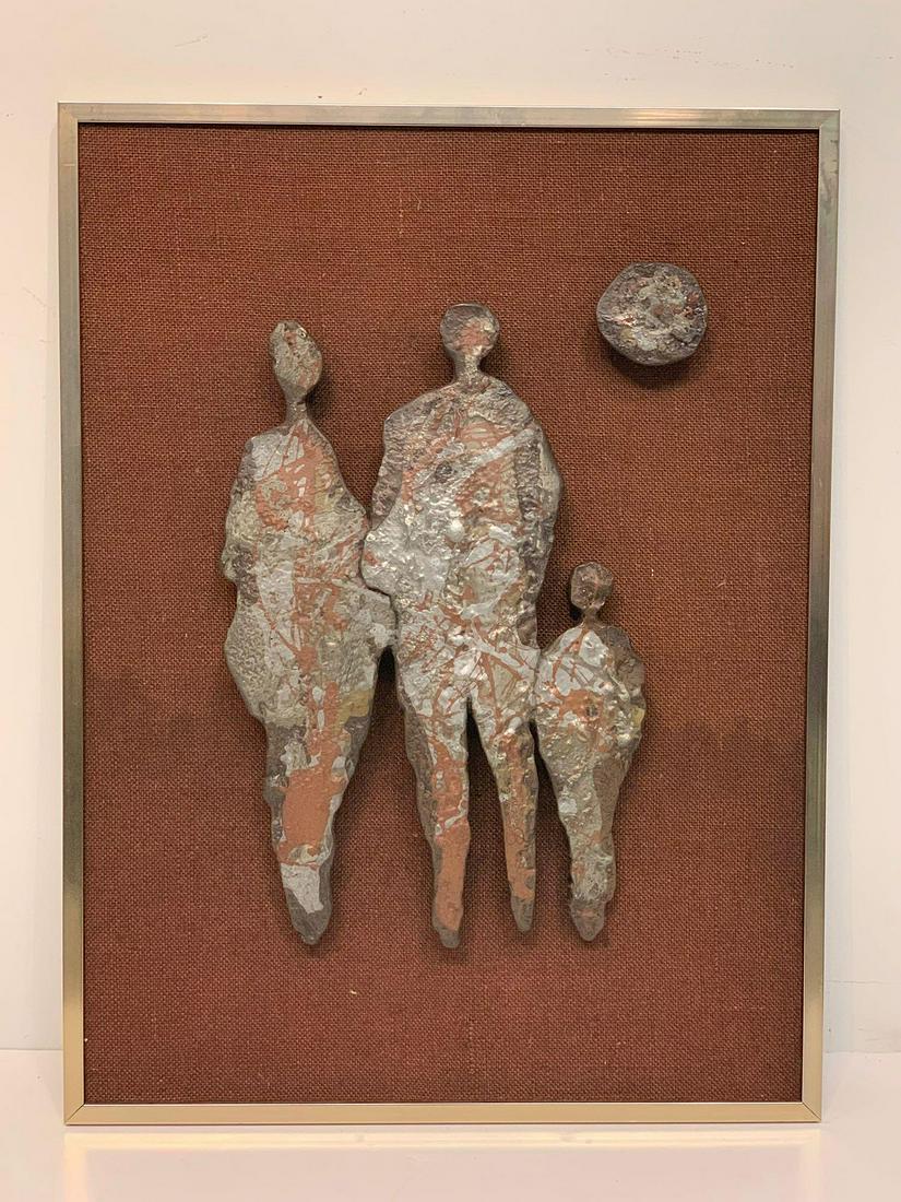 Giovanni Schoeman Metal Figural Wall Sculpture: Giovanni Schoeman (South African, 1940-1980). A metal relief wall sculpture depicting three figures and a moon. Signed and dated '75. Frame: 24-1/2 in tall x 18-1/2 in wide.