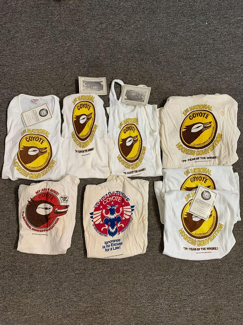 Eight COYOTE Organization Shirts: Eight original pro-prostitution COYOTE organization shirts, designed and founded by Margo St. James, a self-described prostitute and sex-positive feminist. Four are new with tags. Medium and Large.