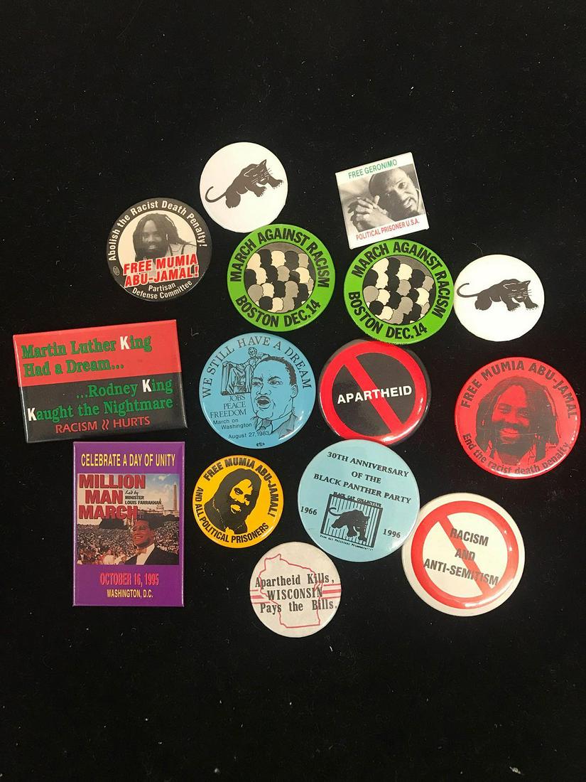 15 Civil Rights Buttons: 15 Civil Rights Buttons: Black Panther, Apartheid, March Against Racism, etc. Largest: 2-1/4 in diameter.