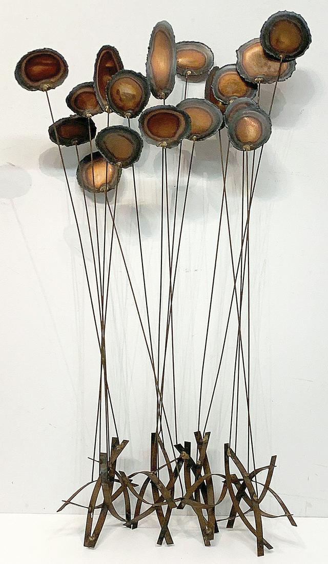 William Bowie Kinetic Floor Sculpture: William Bowie (American, 1926-1994). A kinetic brutalist floor sculpture of foliate-form with cut and welded base. Signed. 36in tall x 16in wide x 8in deep. Provenance: The Adelman Estate Collection,