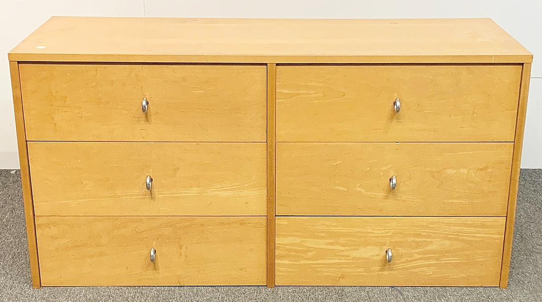 Paul McCobb Six-drawer Chest: A Paul McCobb Planner Group six-drawer chest with chrome ring handles. 24in tall x 48in wide x 18-1/4in deep. Provenance: The Adelman Estate Collection, Hockessin DE.