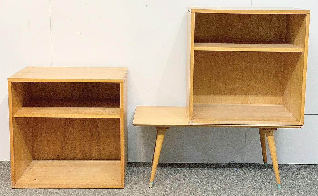 Three Pcs of Paul McCobb Planner Group Furniture: A grouping of three pieces of Paul McCobb Planner group furniture to include two open cabinets (lacking doors) and a bench/low table base. Both cabinets marked. Cabinets: 24in tall x 24in wide x 18-1/