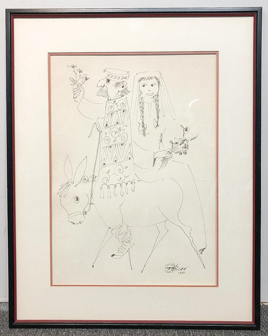 Jovan Obican. Drawing on Paper, Bride and Groom: A Jovan Obican drawing on paper of bride and groom riding on a donkey. Frame: 24in x 19in. Mat opening: 17-1/2in x 12-1/2in. Provenance: The Adelman Estate Collection, Hockessin DE.