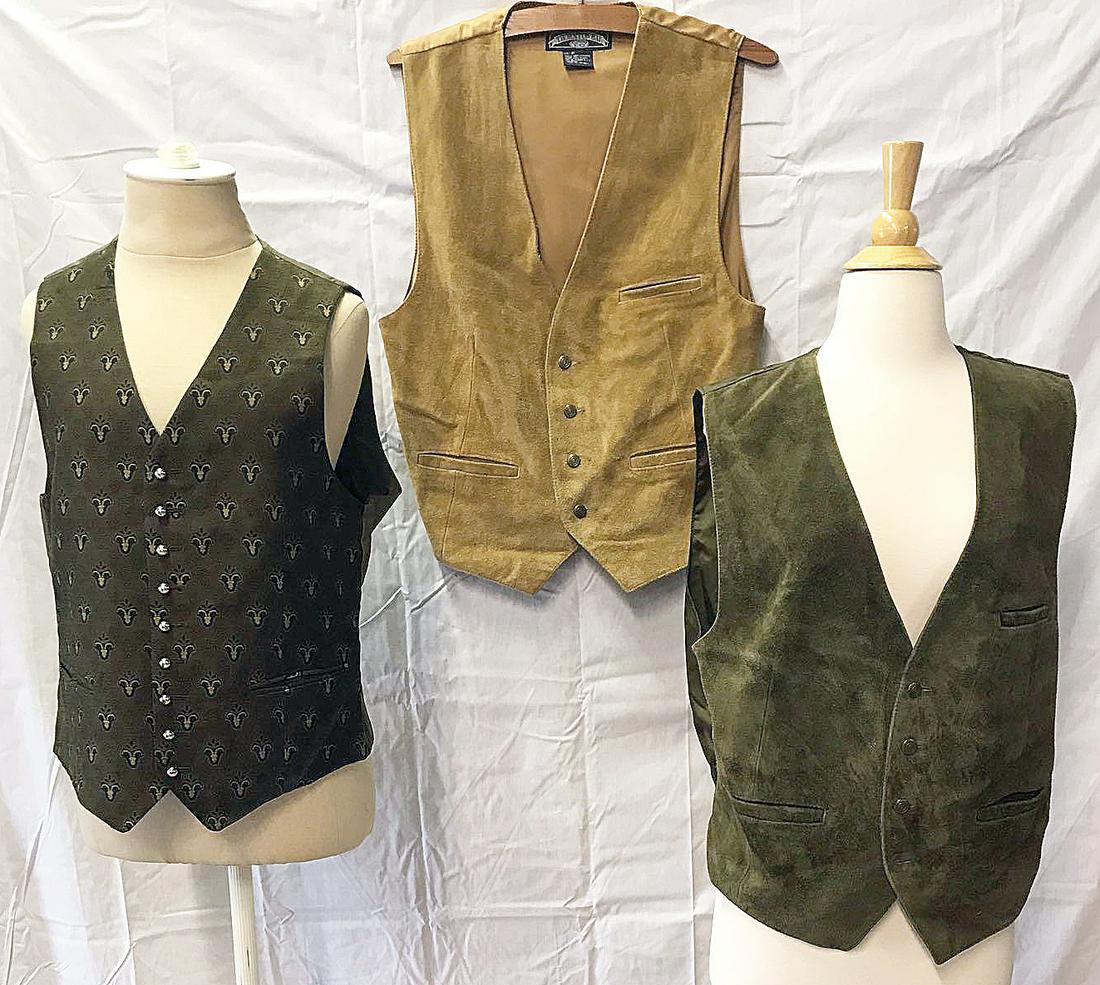 Lot of Three Vests: A grouping of three vests, to include two by Thornton Bay with suede fronts (size Medium), and a silk vest with no maker's or size label. Provenance: The Adelman Estate Collection, Hockessin, DE.
