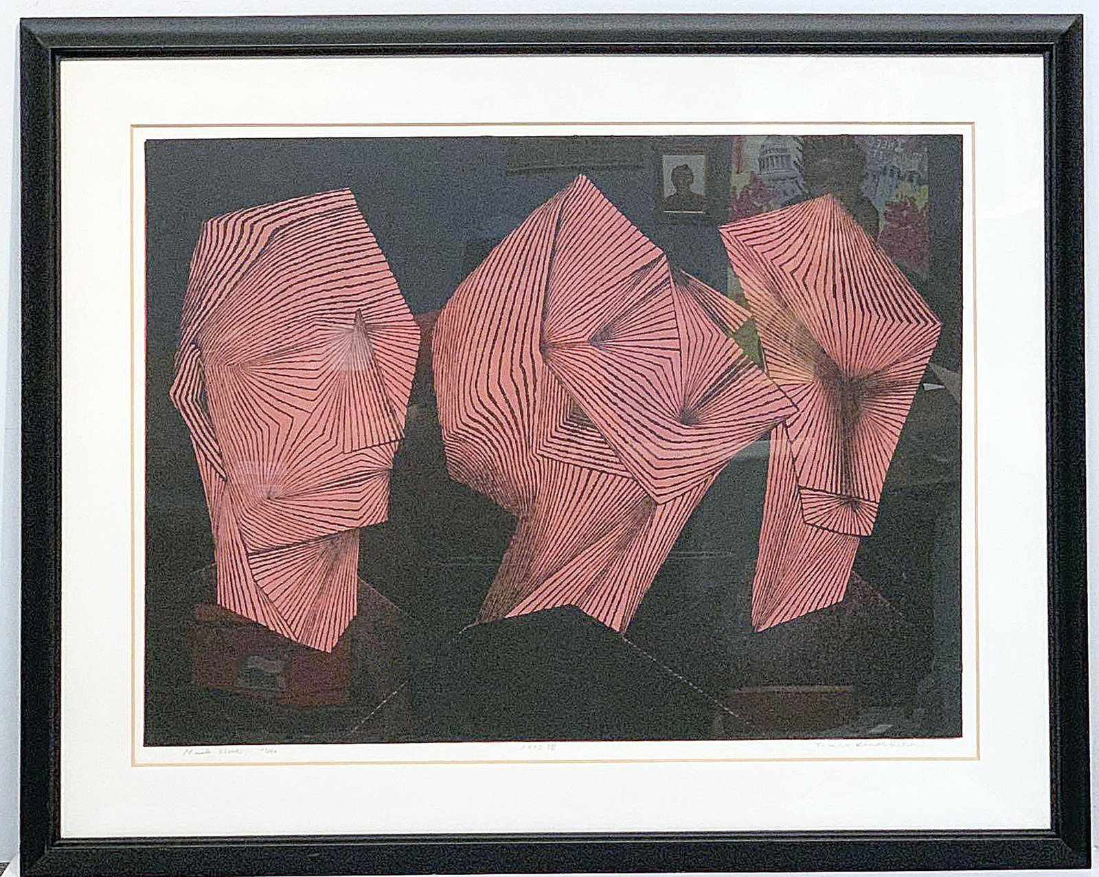 Tomio Kinoshita. Woodblock, Masks 3 (Red): Tomio Kinoshita (Japanese, 1923-2004). A woodblock in colors titled "Masks 3 (Red)", 1972. Signed in pencil lower right, dated middle, titled and numbered 27/50 left. Gallery framed. Mat opening: 22-3