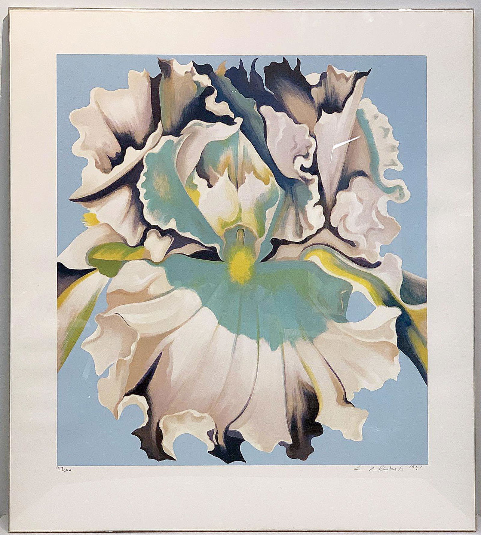 Lowell Nesbitt. Lithograph, Iris: Lowell Nesbitt (New York, 1933-1994). A surrealist lithograph on paper of an iris blossom. Signed in pencil lower right, dated 1981, and numbered 153/200. In a Perkasis acrylic frame. Image size: 33in