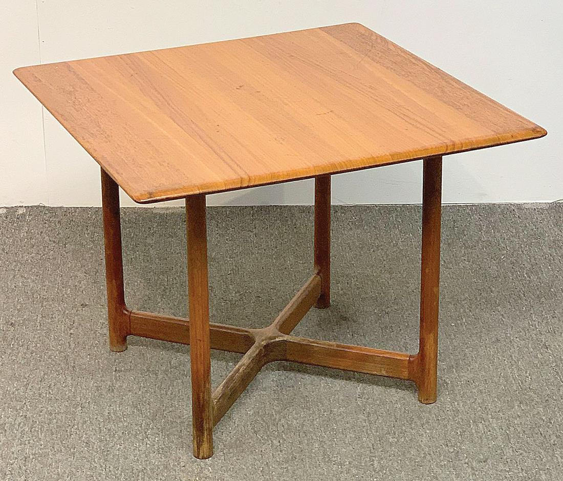 Rasmus Solberg Norway Teak Occasional Table: A Rasmus Solberg Norwegian teak side or occasional table with rolled edges and cross stretcher base. Marked with Rasmus Solberg and Westnofa tag. 20in tall x 26-3/4in wide x 26-3/4in deep.