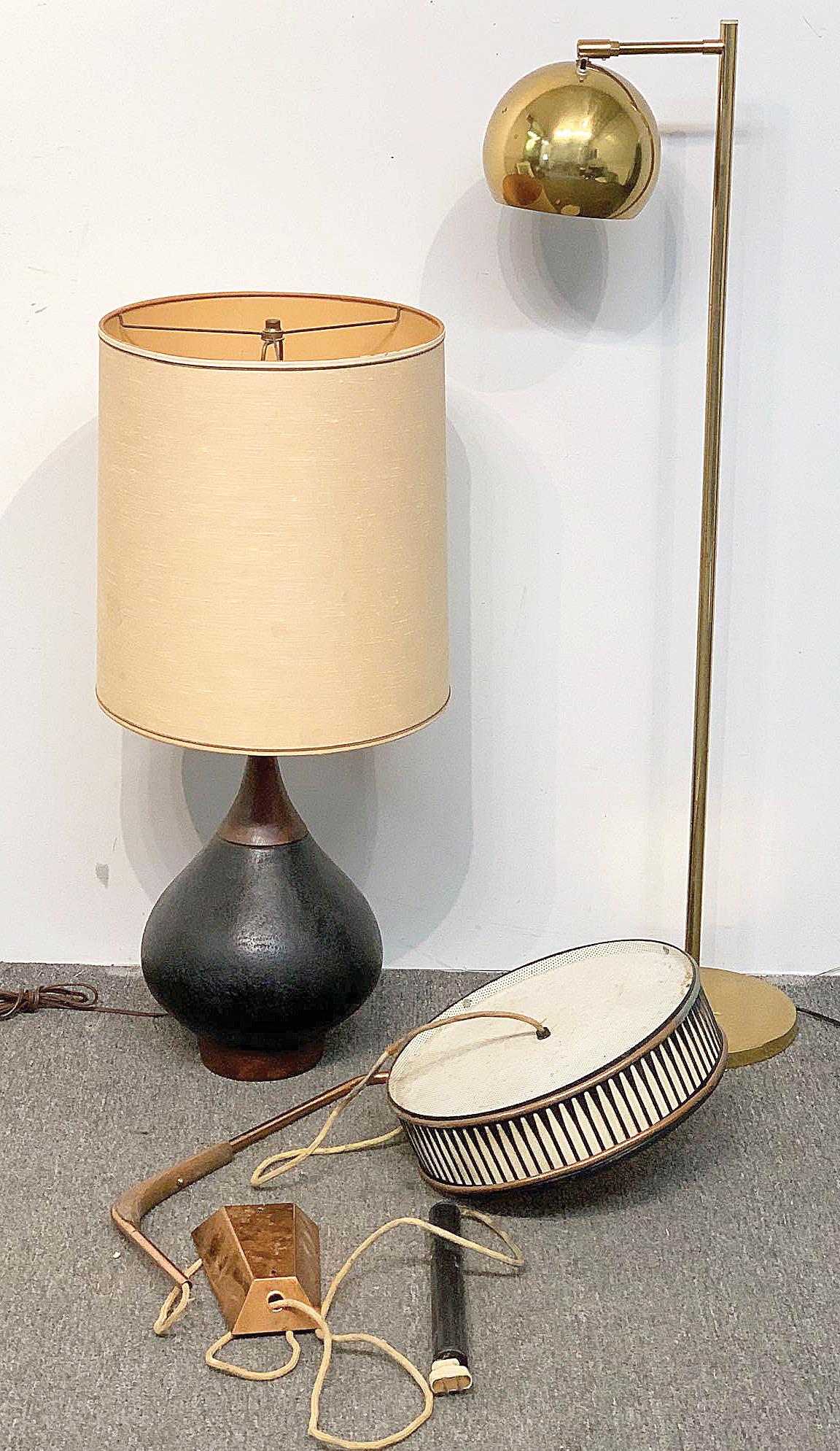 Modern Lighting Grouping: A midcentury modern lighting grouping to include a brass ball floor lamp, a ceramic table lamp, and a copper and metal hanging wall sconce. Floor lamp: 45-1/2in tall x 10in wide.