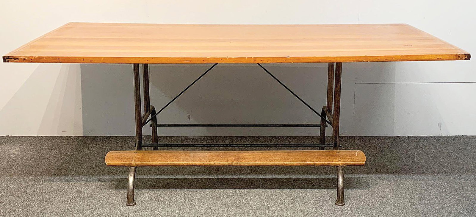 Industrial Design Drafting/Dining Table: An industrial work or drafting table with adjustable height and tubular base, and with pine rectangular top with breadboard ends. Would make an excellent dining table. As pictured: 27-1/2in tall x 72i