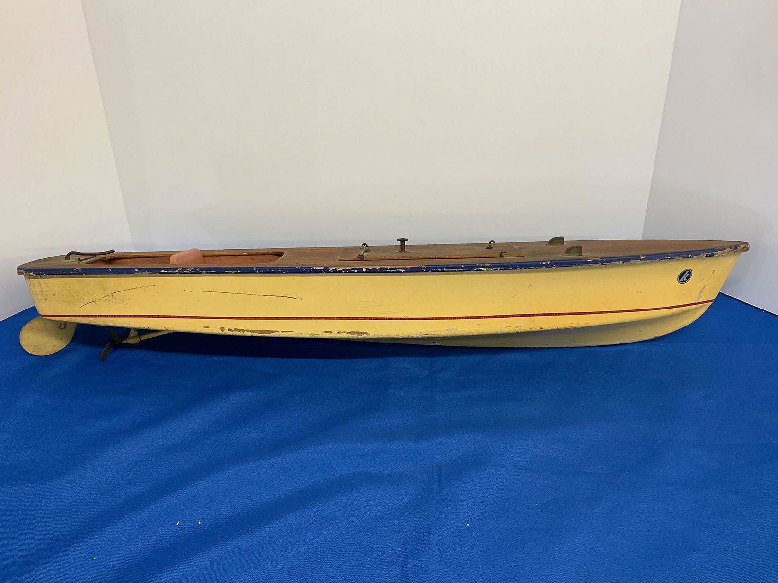 Kellerman Pond Model Boat: A Kellerman pond model boat, manufactured for F.A.O. Schwartz, 303 Fifth Ave. New York. 27-1/2in long.