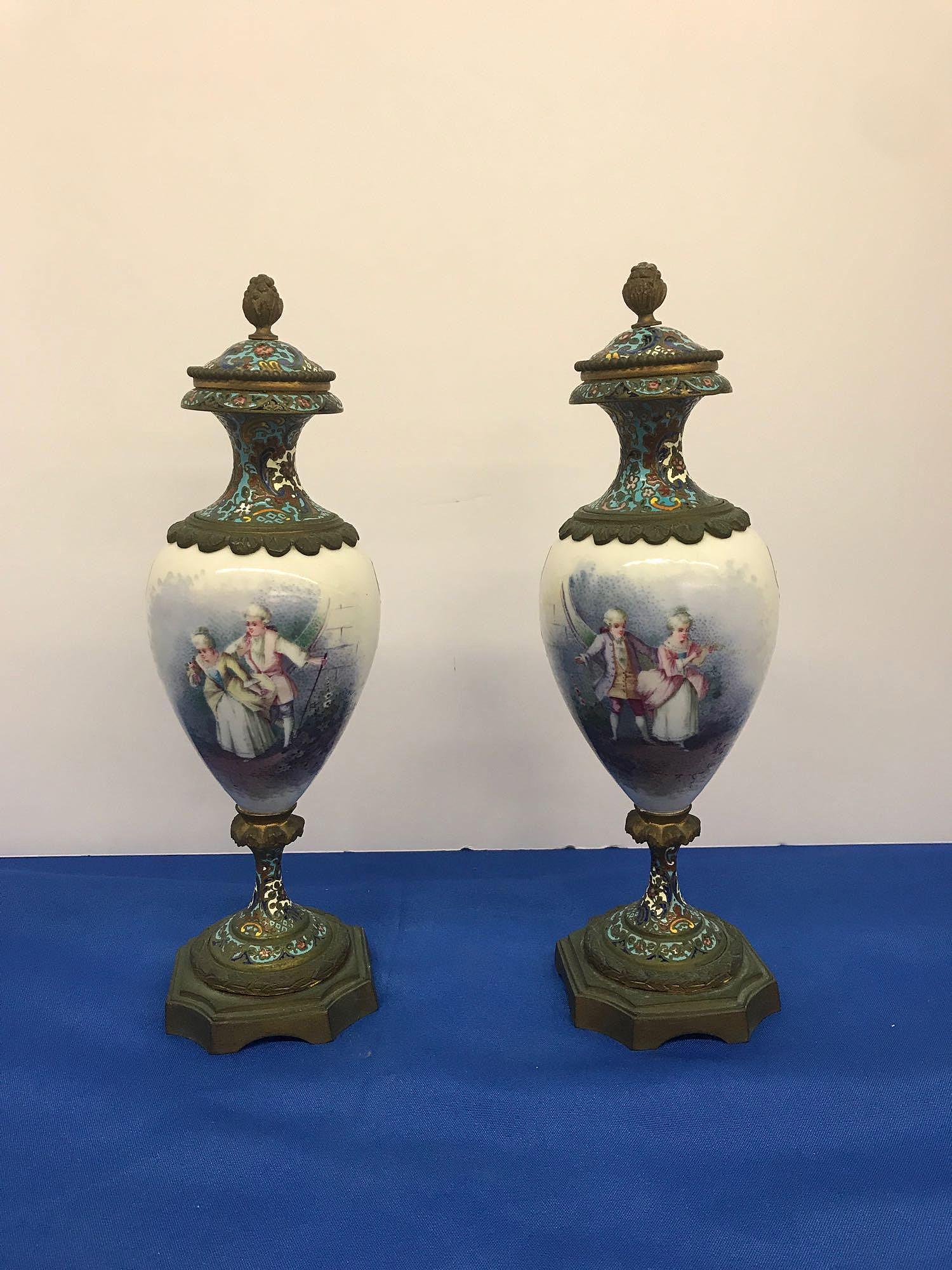Pair of Cloisonne and Hand-painted Porcelain Urns (1 of 6)