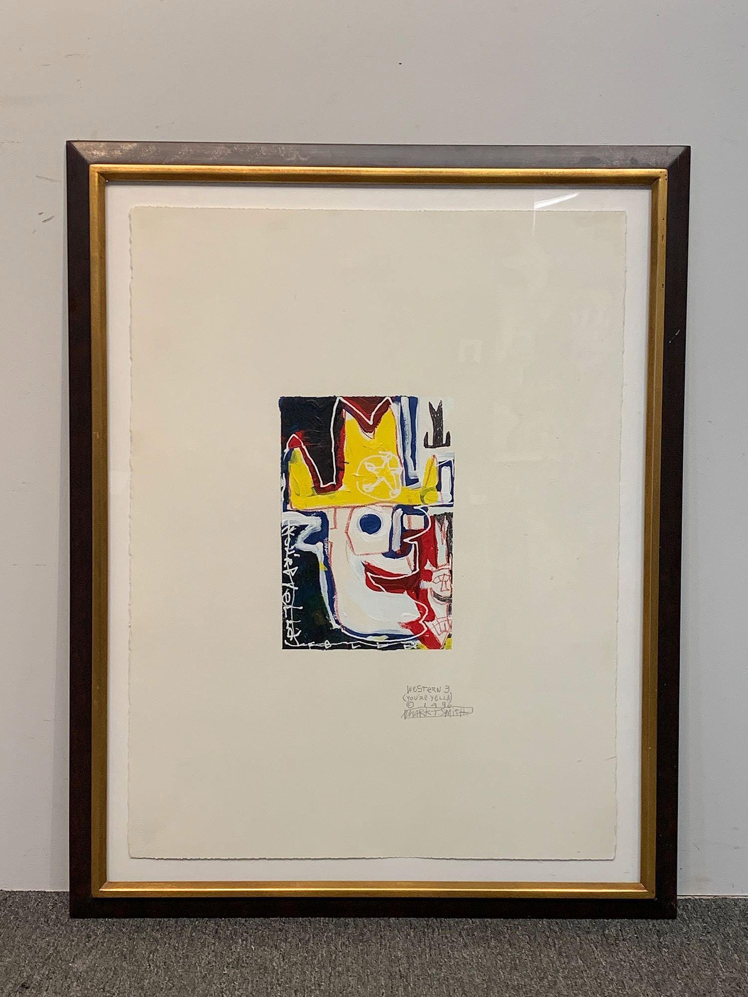 Mark Smith. Mixed Media On Paper, Western 3: Mark T. Smith (American, 1968-). A mixed media on paper portrait. Signed in pencil lower right, dated 1996, and titled "Western 3 (You're Yella)". Float mounted and framed under glass. Size of sheet: