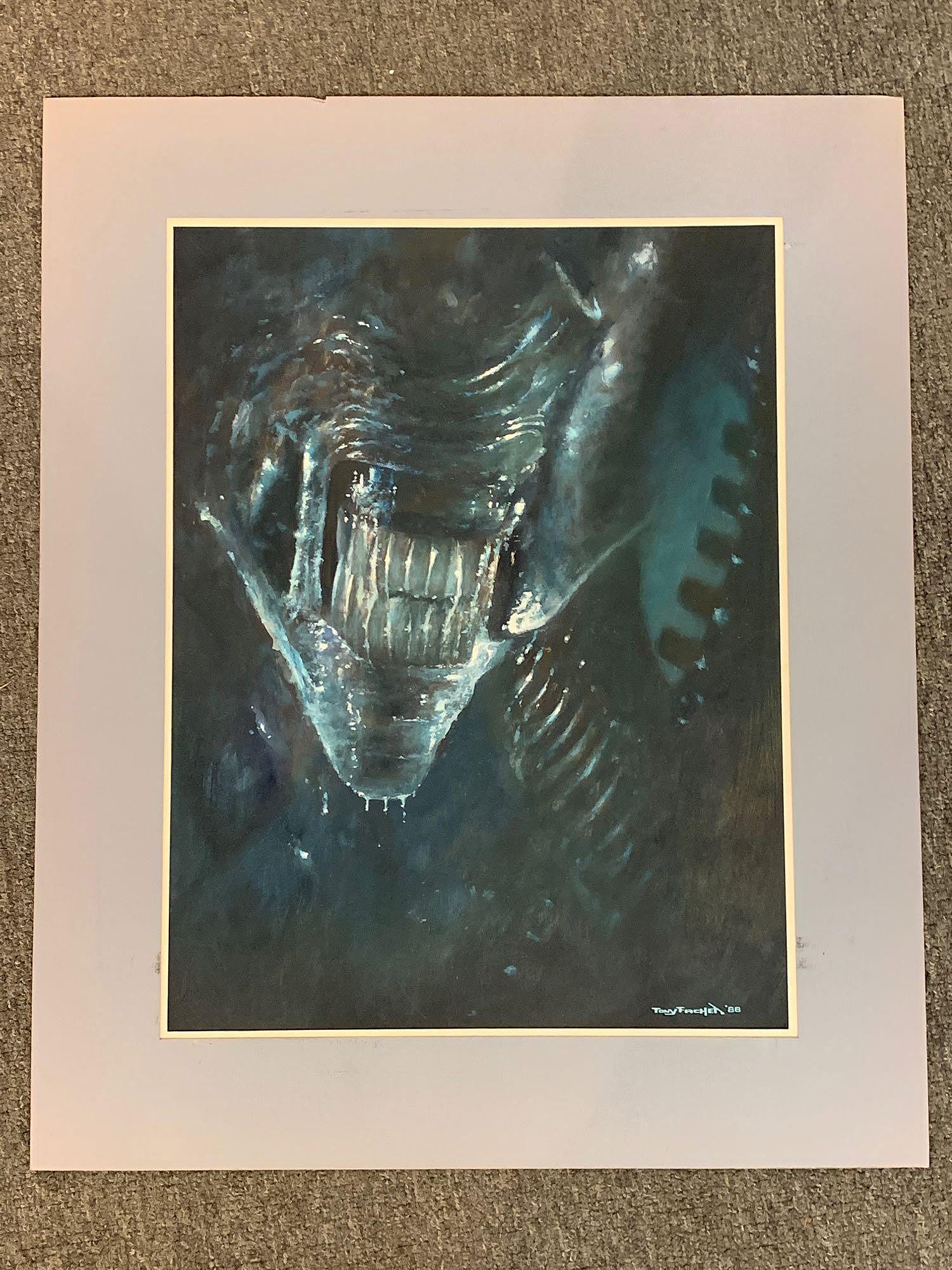 Tony Fachet. Gouache On Panel, Alien: Tony Fachet (Pennsylvania, 20th C.). A gouache on panel of the creature from the movie "Alien". Signed lower right and dated '88. Matted. Mat opening: 19in x 14-1/2in.