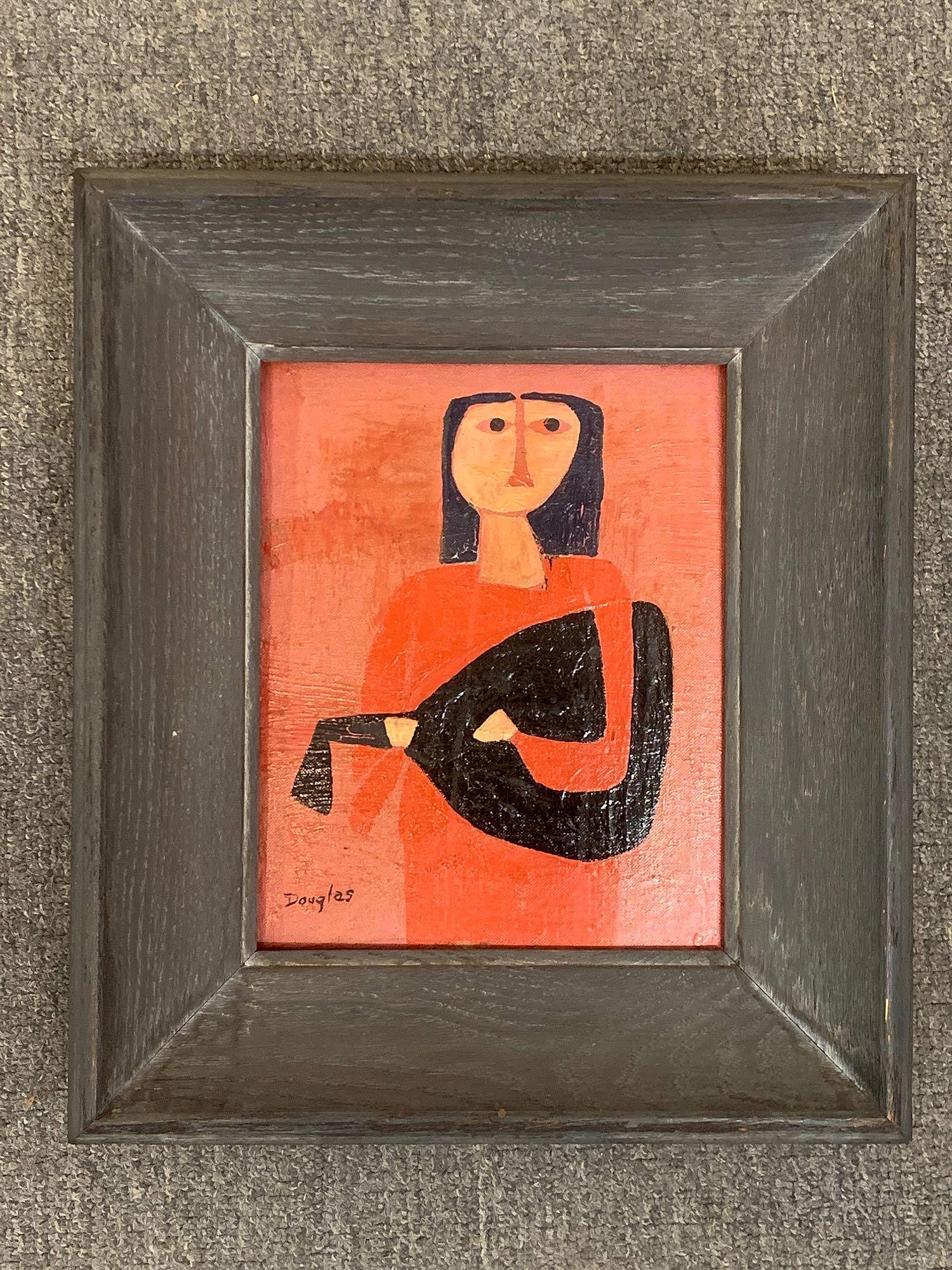 Cubist Oil On Panel, Woman With Mandolin: A cubist oil on panel portrait of a woman playing a mandolin. Signed lower left "Douglas". 10in x 8in.