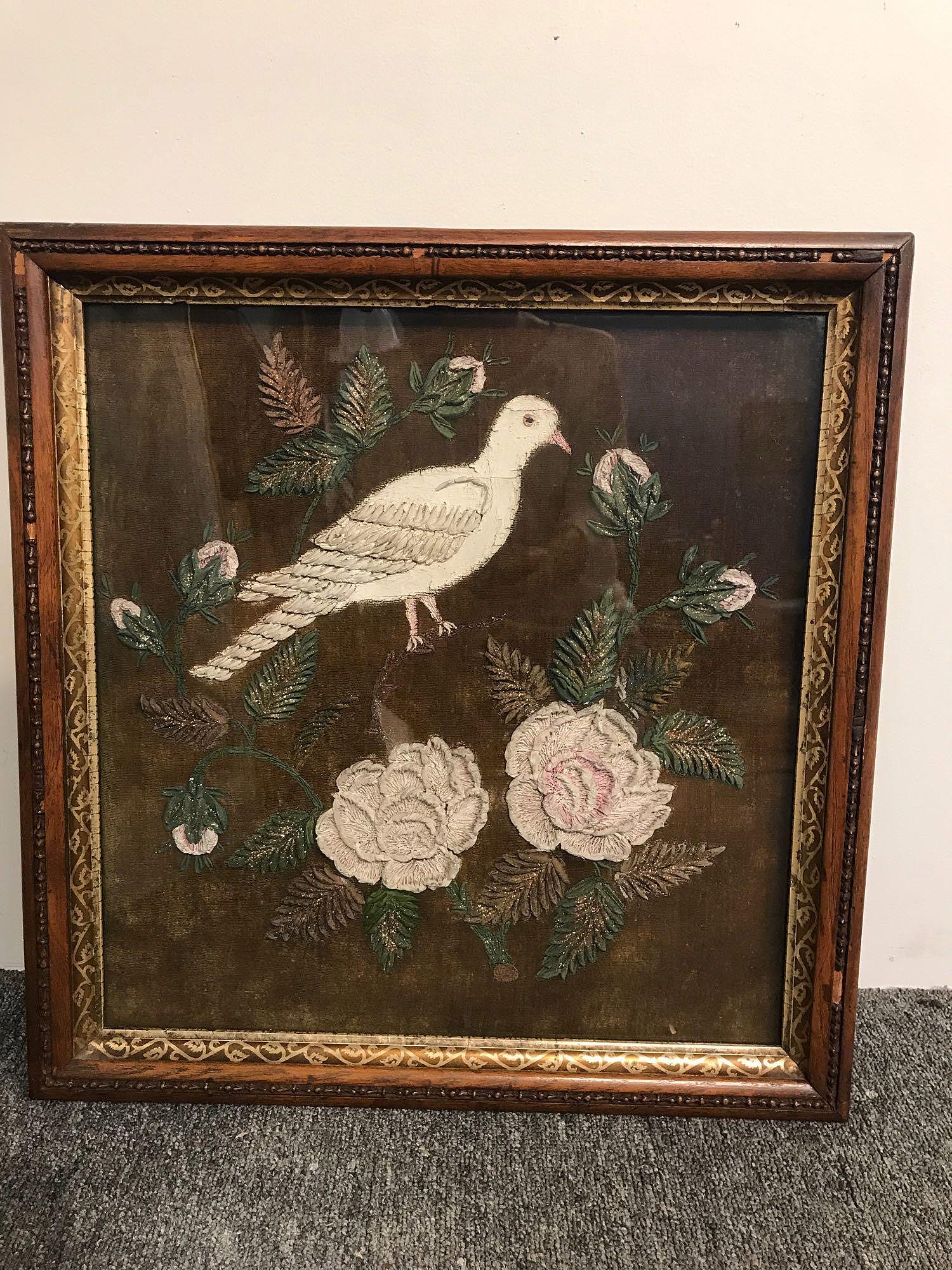 Antique Encaustic Painting, Dove and Flowers (1 of 7)