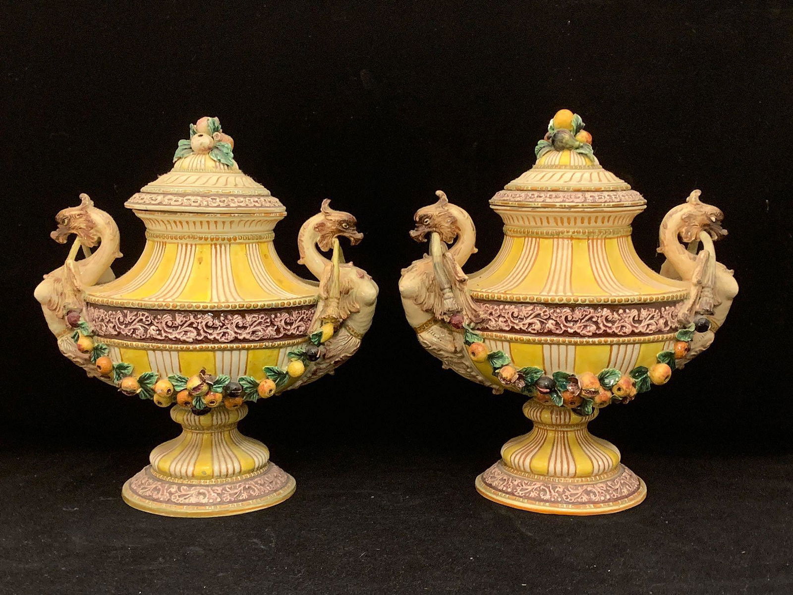 Pair of Italian Majolica Lidded Urns (1 of 5)