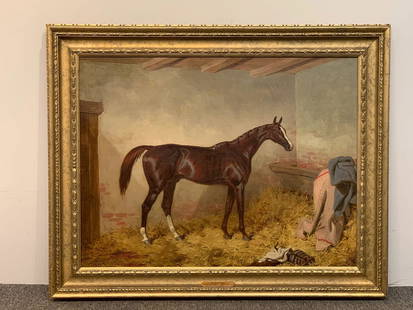 Attributed to Harry Hall Equestrian Oil on Canvas. St.: Attributed to Harry Hall (British, 1816-1882). An oil on canvas depicting the racehorse St. Albans in his stable. Appears to be unsigned. 23 in x 30 in. Provenance: C. Thomas and Alexandra Fuller Esta