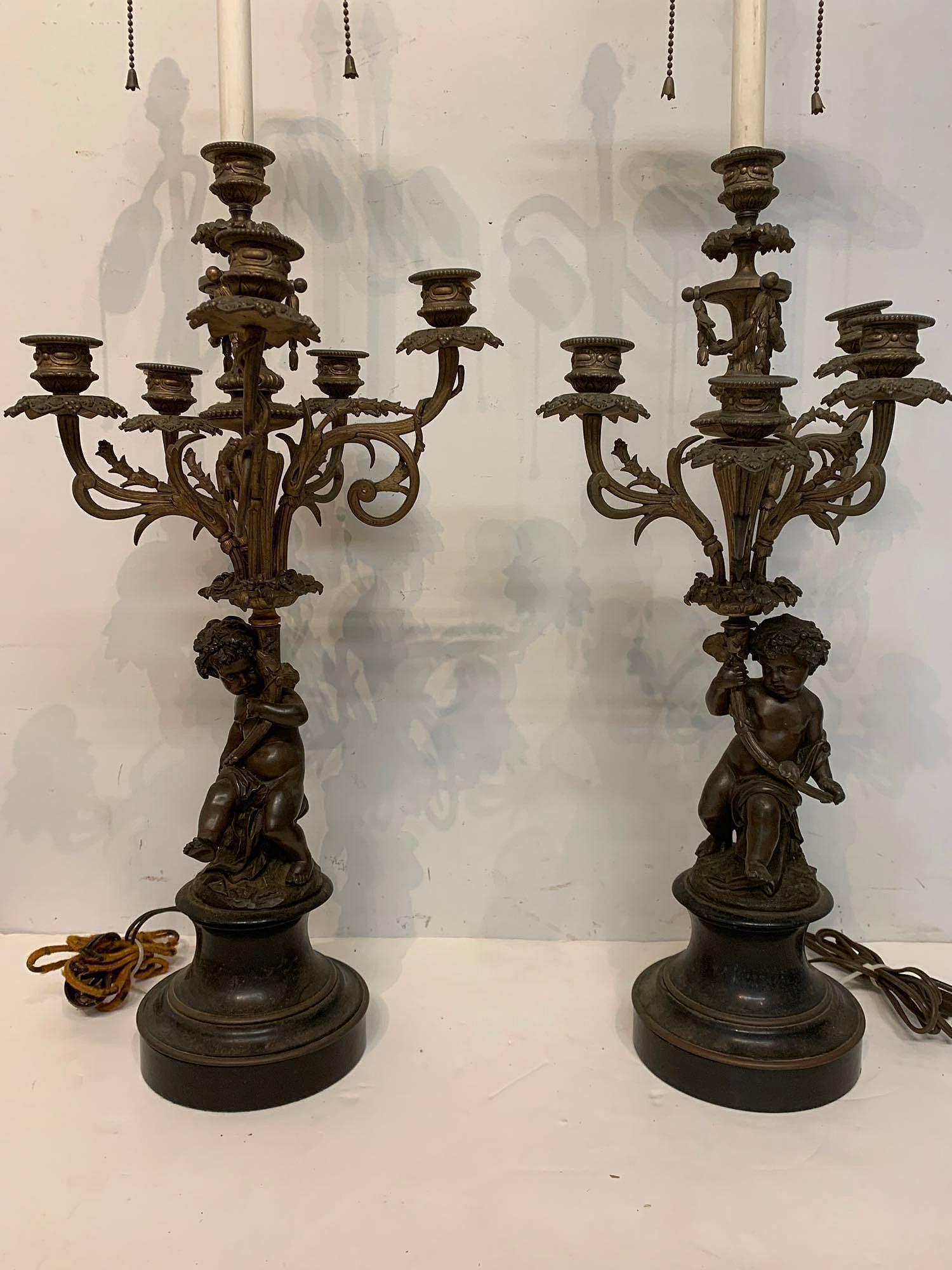 Pair of Continental Bronze Candelabra Lamps (1 of 5)