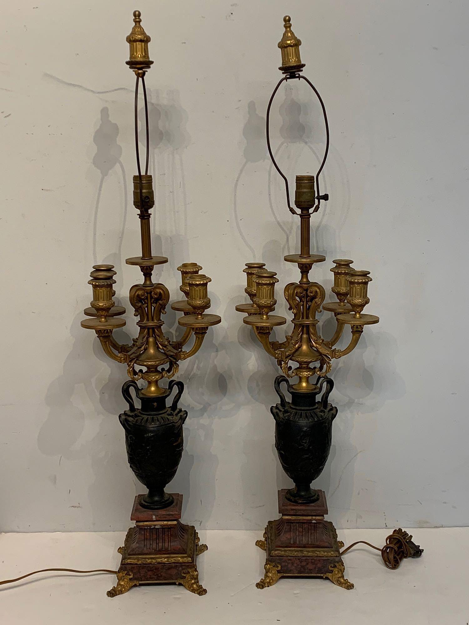 Pair of Bronze And Marble Candelabra Lamps (1 of 6)