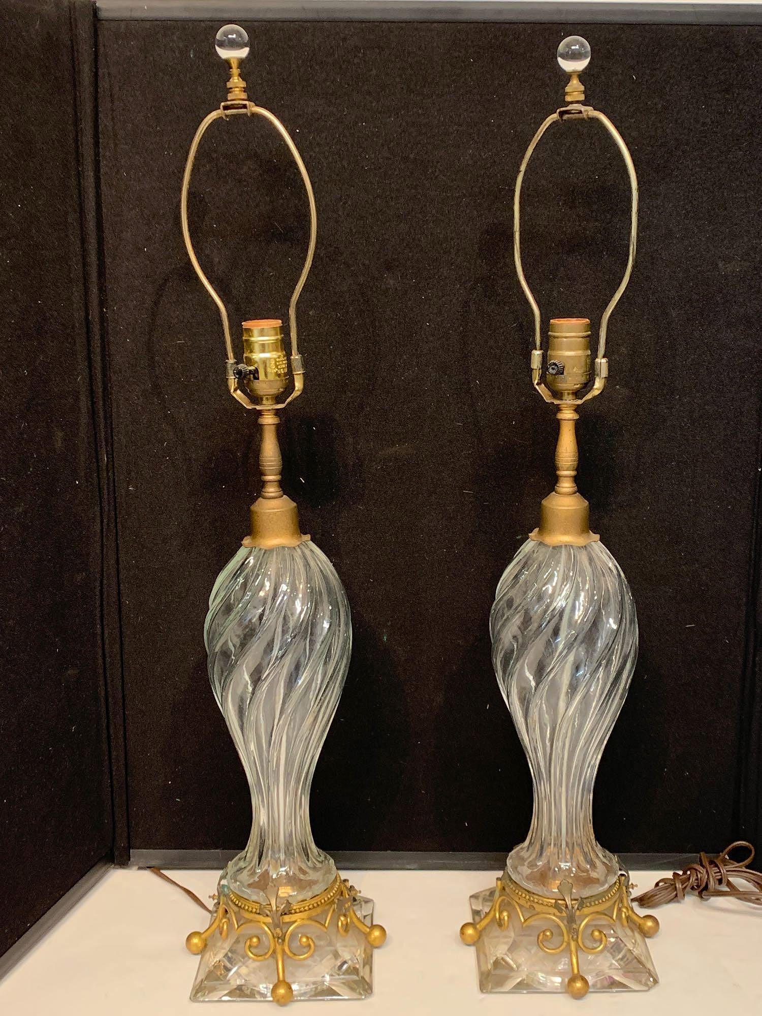 Attrb. Pair of Baccarat Glass & Brass Table Lamps (1 of 3)
