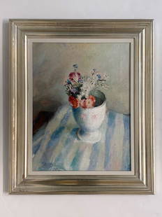 Walter Stuempfig. Oil On Canvas, Still Life: Walter Stuempfig (New Jersey, 1914-1970). An oil on canvas tabletop floral still life. Signed on back of stretcher. 18 in x 14 in.