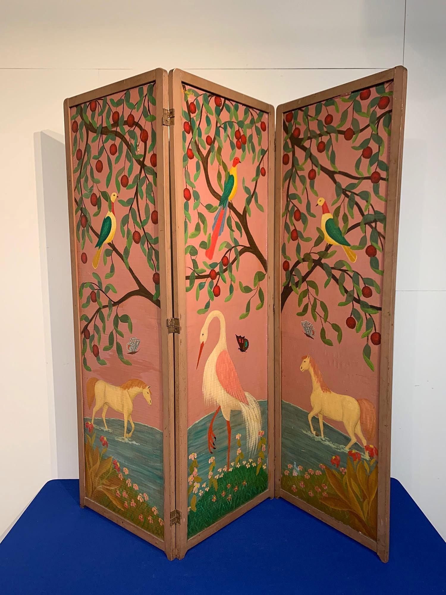 Three-Panel Folk Art Screen Signed Lebduska, '49 (1 of 7)