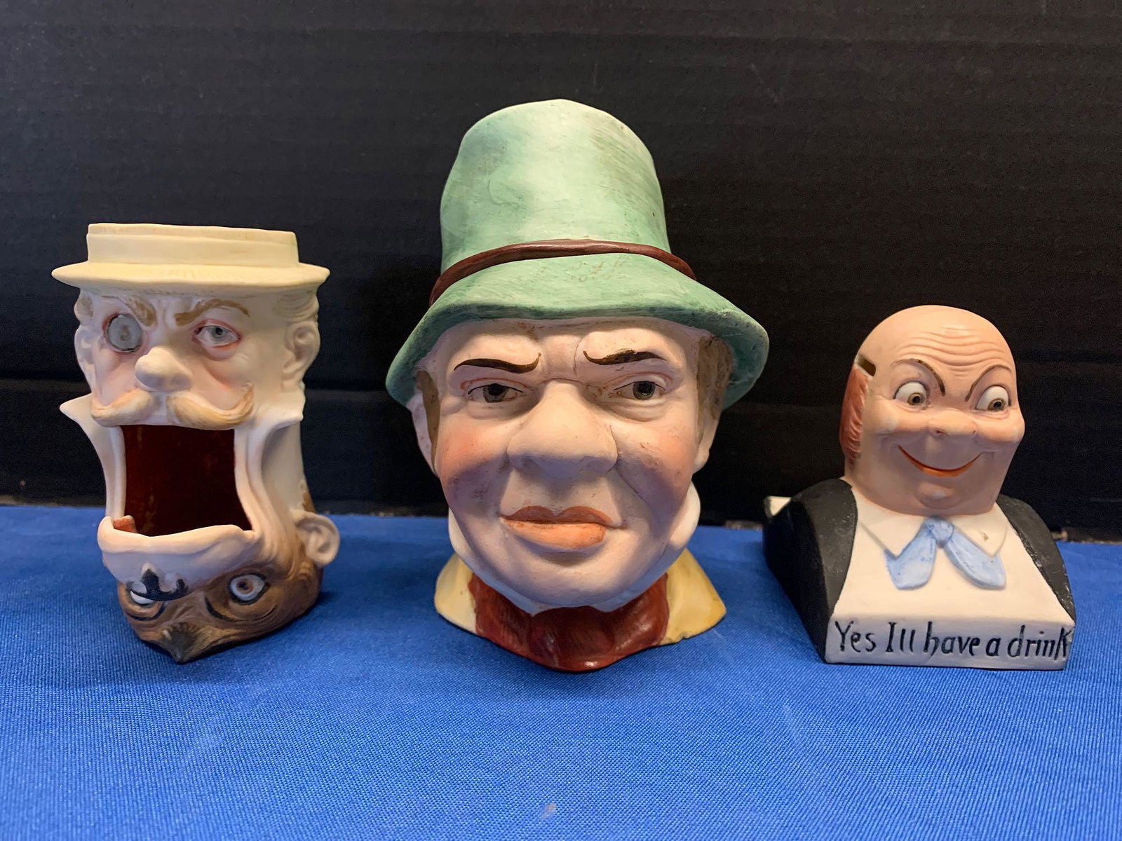 Bisque Figural Tobacco Jar And Two Pub Tippers: A bisque figural tobacco jar and two unusual figural pub tippers. Jar: 4-1/2 in tall.