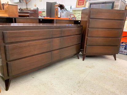 Four-piece Eliel Saarinen for RWay Bedroom Suite: A four-piece Eliel Saarinen for RWay Furniture American modern bedroom suite comprised of a tall chest, bureau, and two-part kind headboard with attached nightstands and storage. Bureau: 32 in tall x