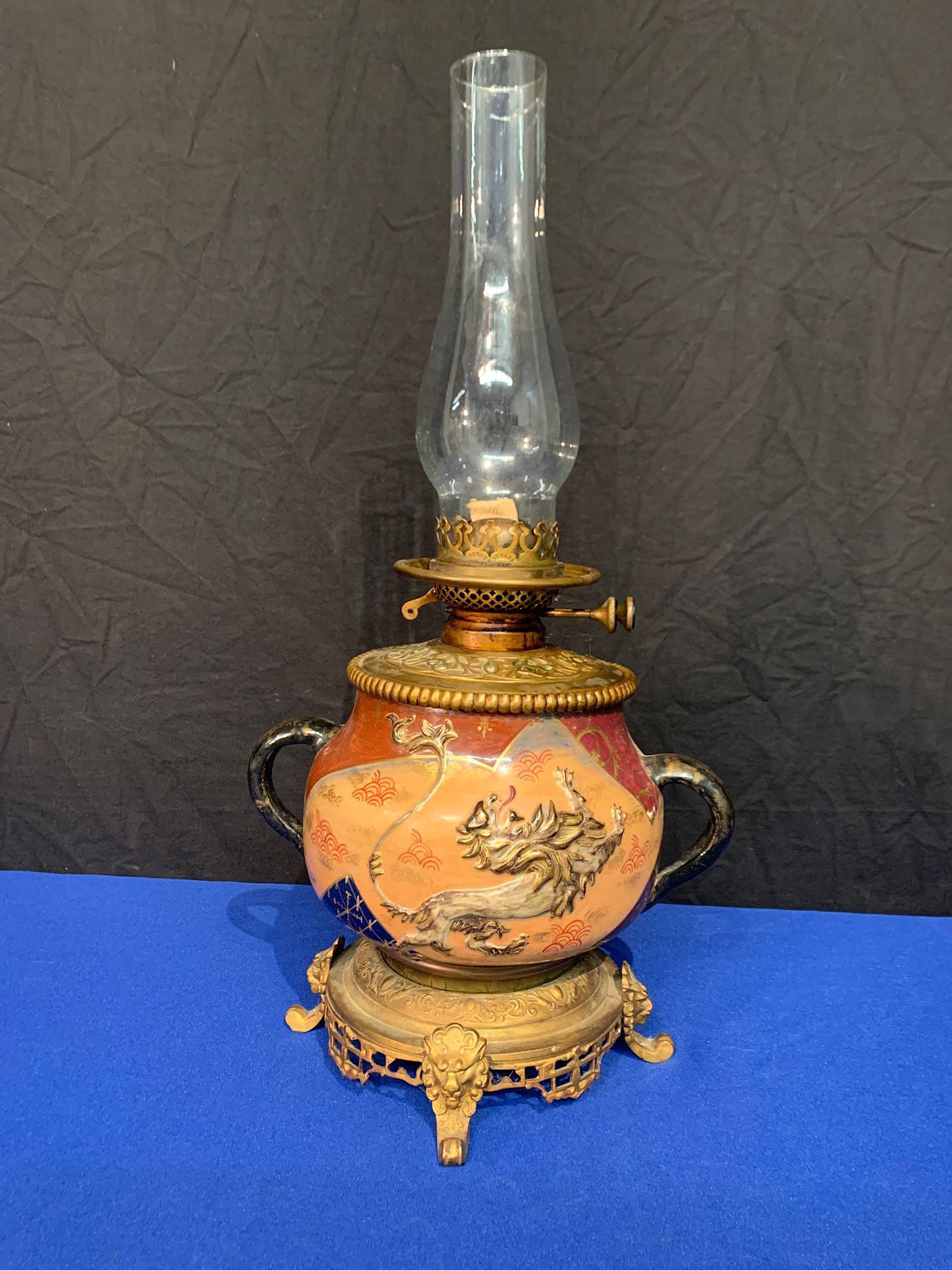 Antique Satsuma Pottery Dragon Relief Oil Lamp (1 of 5)