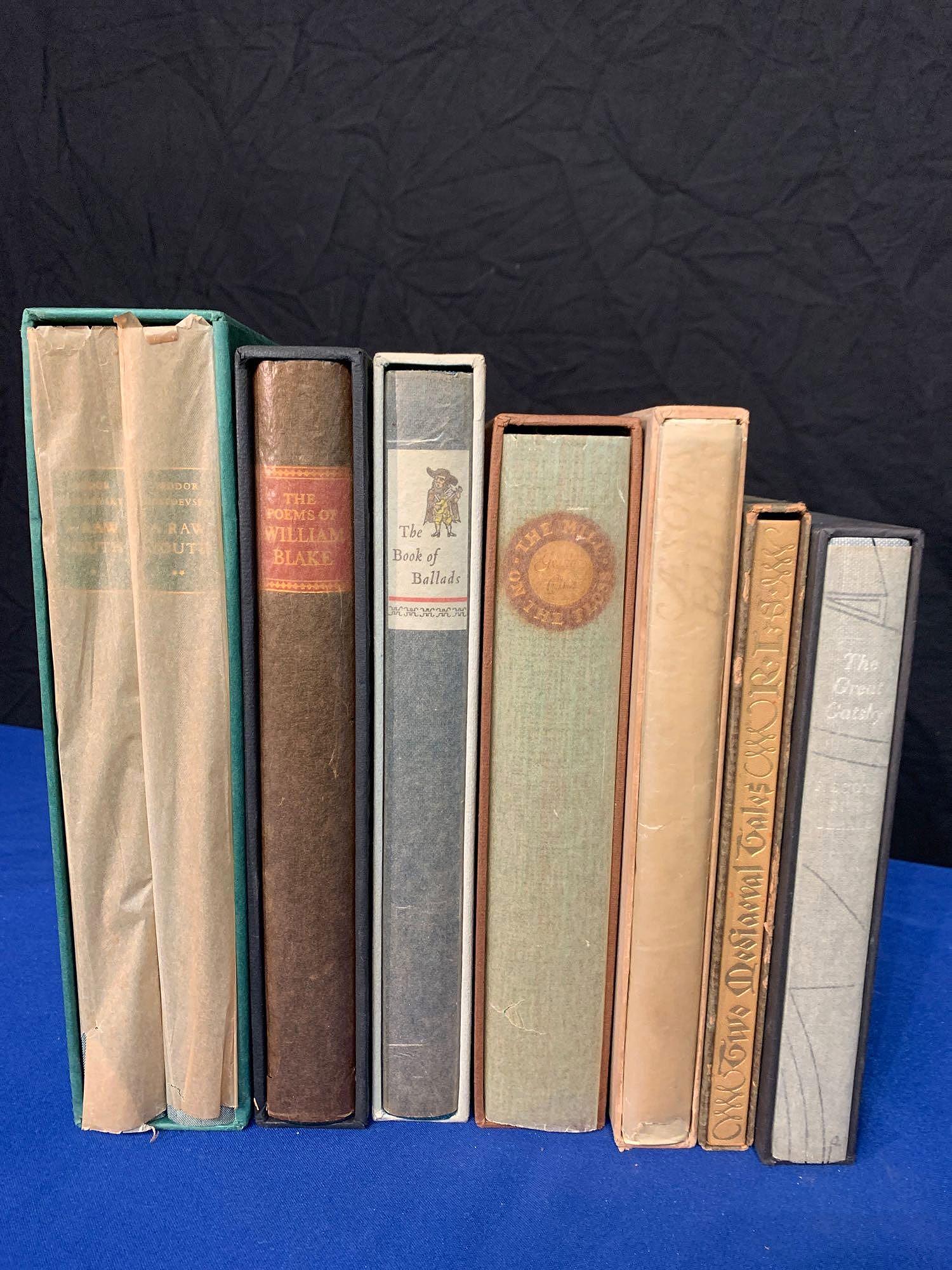 Eight Limited Editions Club Books: Eight Limited Editions Club books to include two volumes of "A Raw Youth" by Dostoevsky, 1974; "The Poems of William Blake", 1973; "The Book of Ballads", 1967; "The Mill in the Floss", 1963; "Aesop's