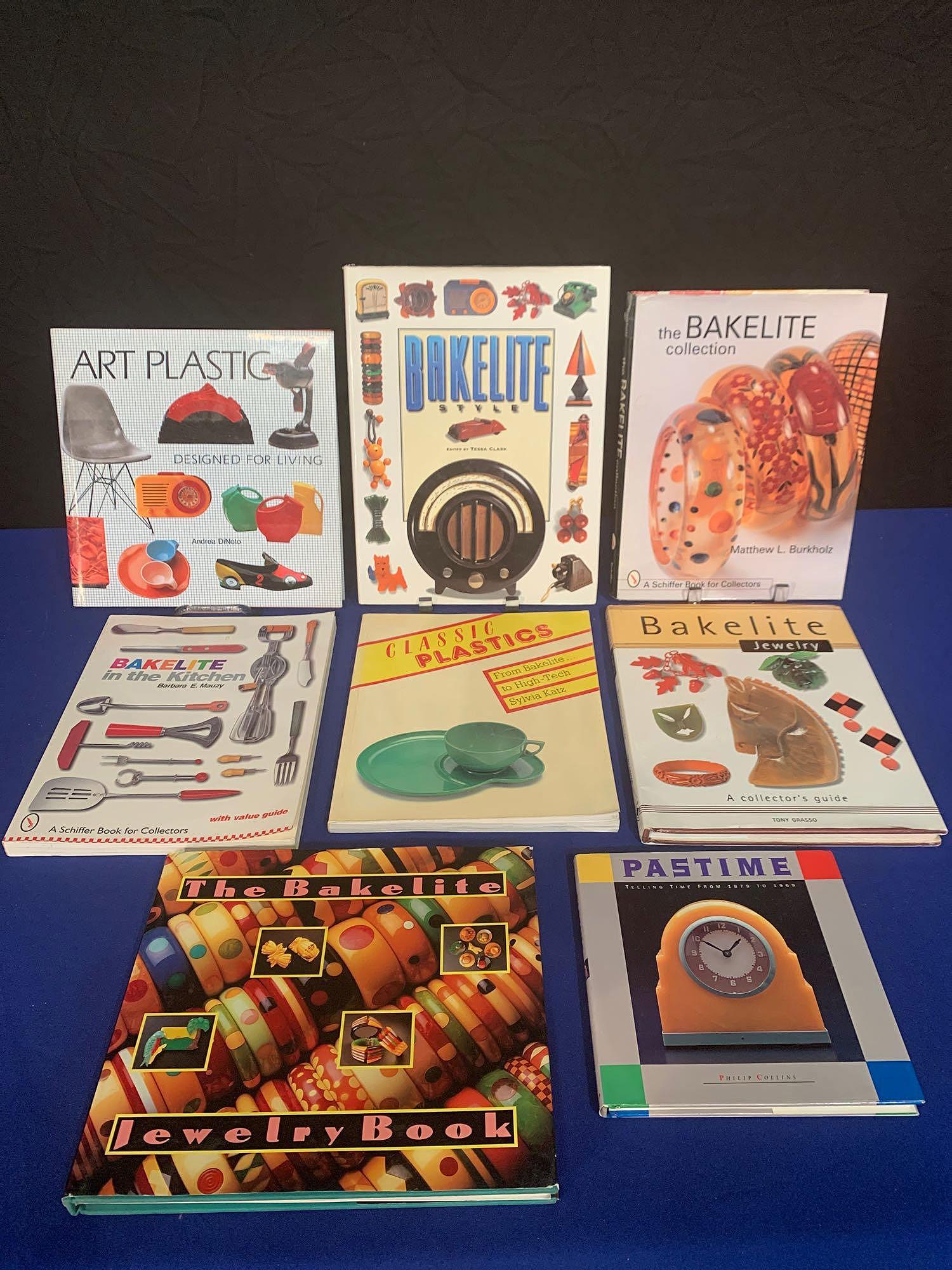 Eight Trade Publications About Bakelite: A grouping of eight trade publications about Bakelite, including "Art Plastic" by DiNoto; "Bakelite Style" by Clark; "The Bakelite Collection" by Burkholtz; "Bakelite in the Kitchen" by Mauzy; "Classi