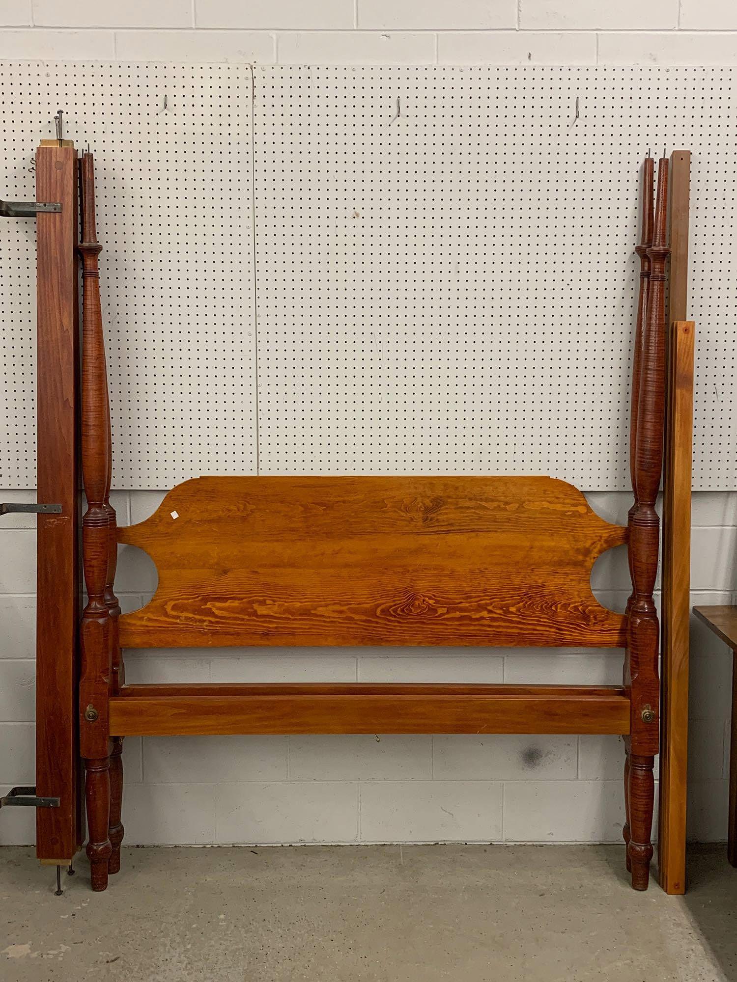 Tiger Maple & Pine Queen-size Four Poster Bed: A likely cabinet-made queen-size four poster tiger maple and pine canopy bed. 84 in tall x 65-1/2 in wide. Rails 80 in long.