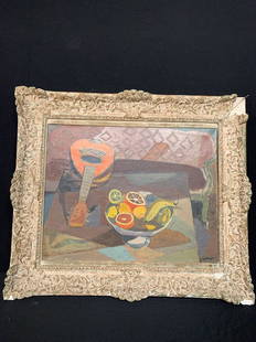 Eric Isenburger. Oil/Canvas, Still Life: Eric Isenburger (1902-1994). A gilt gesso-framed oil on canvas of a still life table setting with mandolin and bowl of fruit. Signed lower right "Isenburger". 22.25in x 29in.