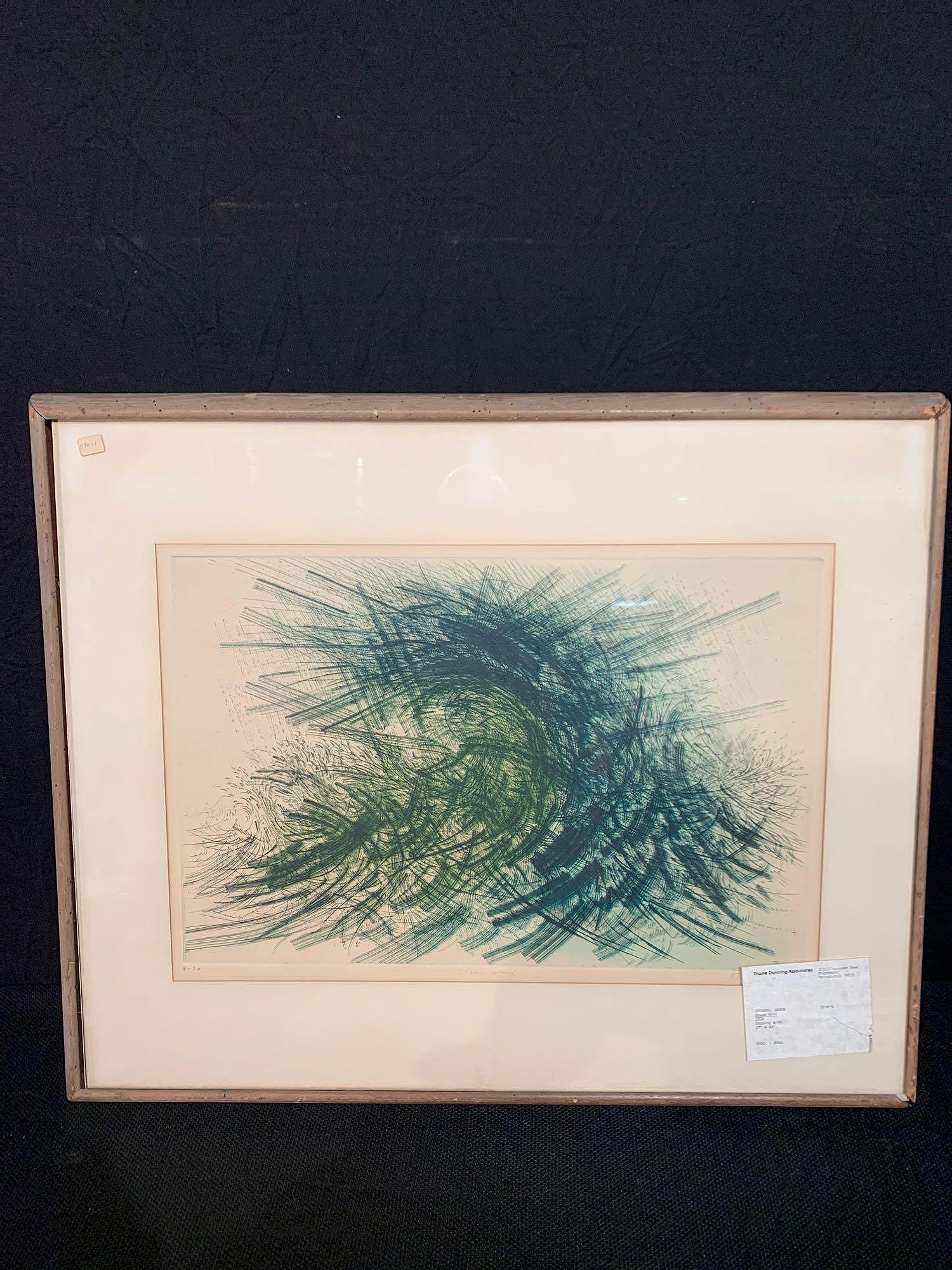 Gabor F. Peterdi. Etching, Green Wave: Gabor F. Peterdi (1915-2001). A framed modern etching titled "Green Wave". Signed lower right; numbered lower left #4/30. Older Diane Dunning Associates sticker attached to lower left glass. 16.25in x