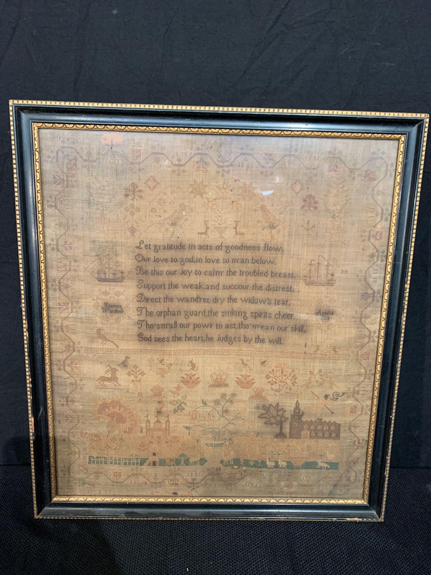 1822 American Needlework Sampler: A framed 1822 American needlepoint sampler by Frances Wardlow, aged 12, depicting animals, sailing ships, dwellings and foliate designs.