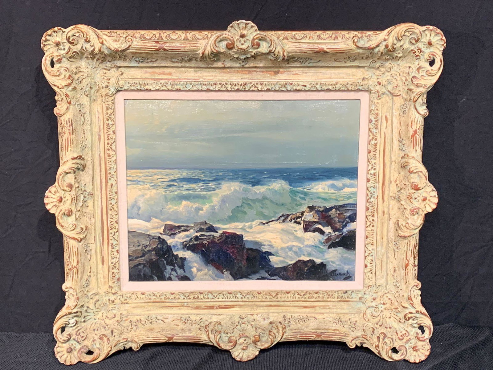 Frederick Judd Waugh. Oil/Panel, Surf: Frederick Judd Waugh (American, 1861-1940). An oil on panel seascape depicting a rocky shoreline with crashing waves. Signed lower right, and also signed and marked in pencil on verso. Panel: 16in x 2
