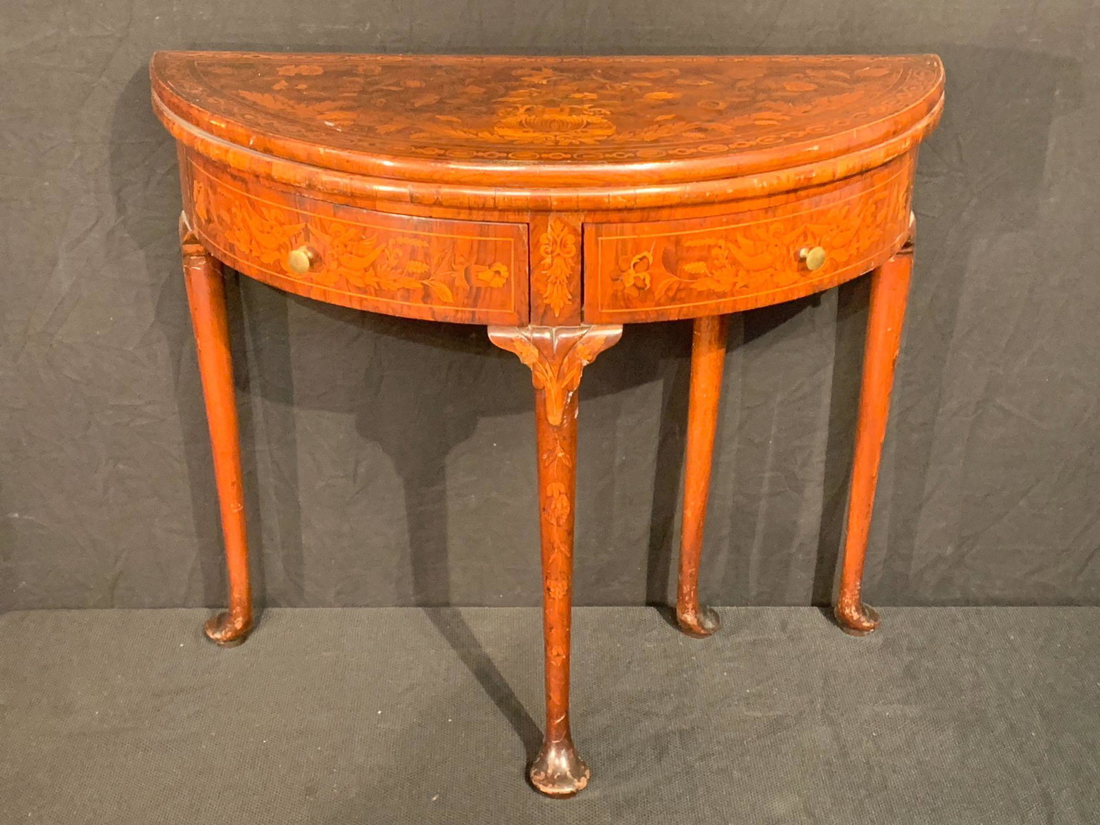 Queen Anne Dutch Marquetry Swing-leg Game Table: A fine late 18th/early 19th C. Queen Anne Dutch marquetry card table with lovebirds, dolphin, and foliate design, with swing leg and flip top with felt surface, and two swing-out hinged drawers. Close