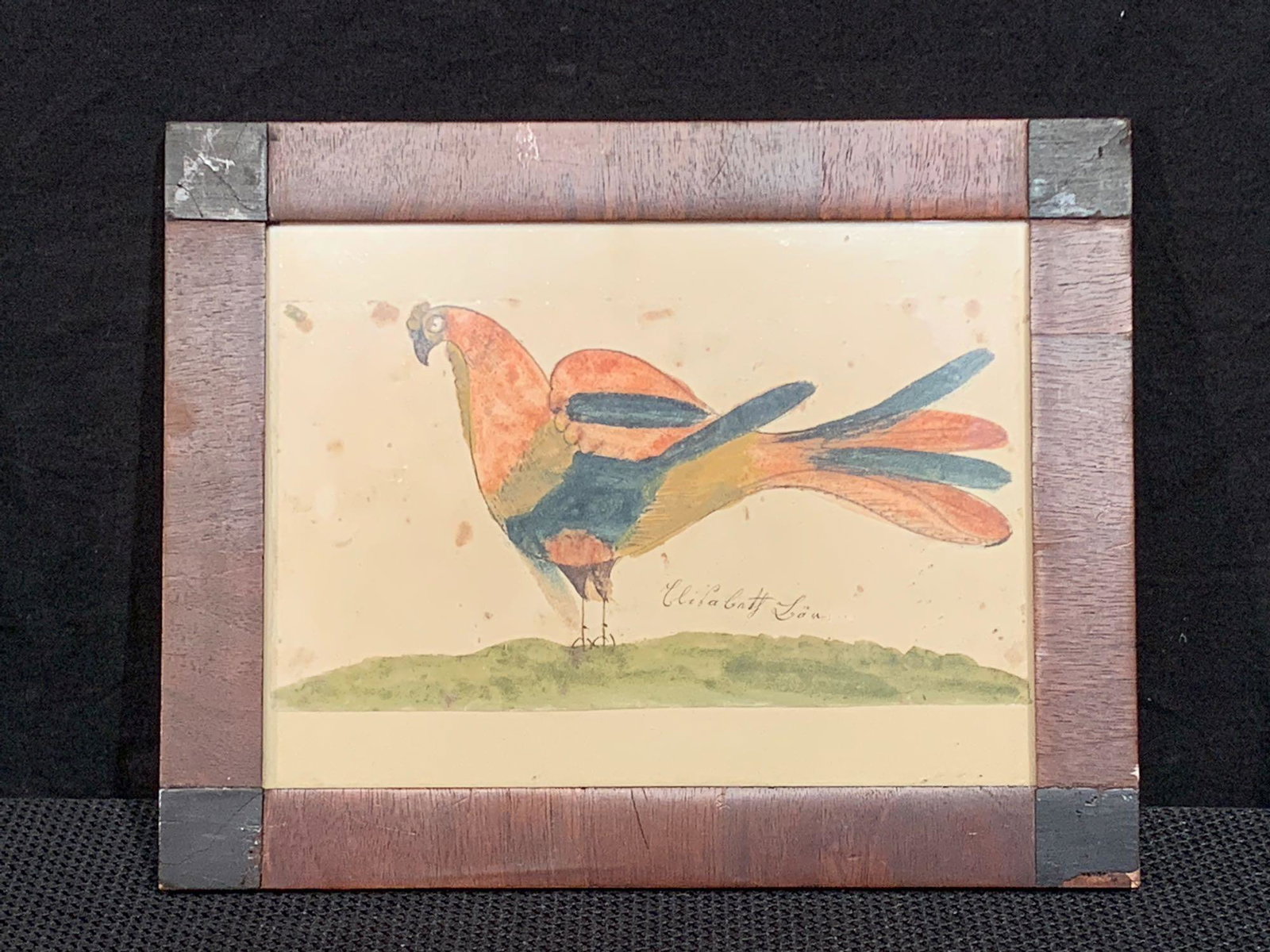 Elisabeth Lau Ink & Watercolor Fraktur: A 19th C. ink and watercolor fraktur of a bird signed by Elisabeth Lau. Framed under glass. Frame opening: 5-3/4in x 7-3/4in. Outside frame: 7-3/4in x 9-3/4in.