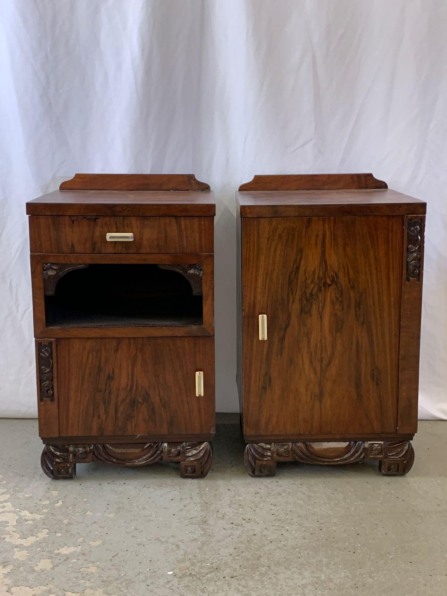 Pair of Art Deco Cabinet Nightstands: A pair of Art Deco cabinet nightstand/end tables having carved bases. 29in tall x 17in wide x 15in deep. Provenance: From a Washington, DC Estate Collection.
