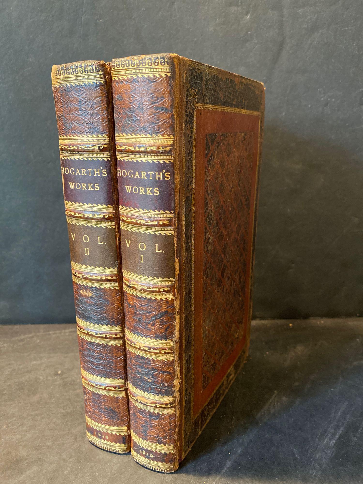 Two Volumes: The Works of William Hogarth: A two-volume set of "The Works of William Hogarth (Including the Analysis of Beauty)" by Thomas Clerk. London, 1810. 9.75 x 6.25in.