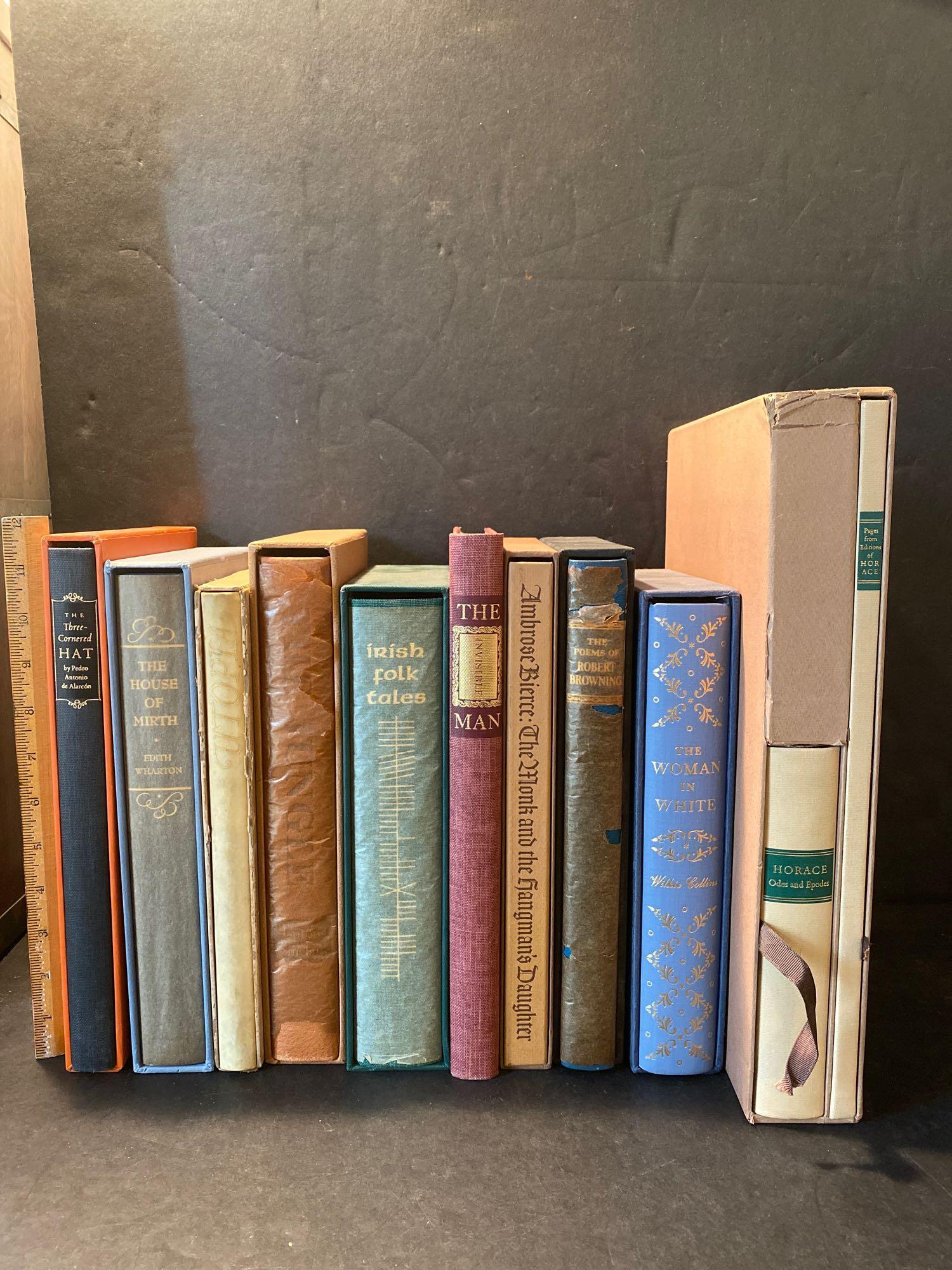 Ten The Limited Edition Club Books: A lot of ten Limited Edition Club books: "The Three Cornered Hat"; "Horace/Odes and Epodes"; "The Poems of Robert Browning"; "The Woman in White"; "The Monk and the Hangman's Daughter"; "The Invisible