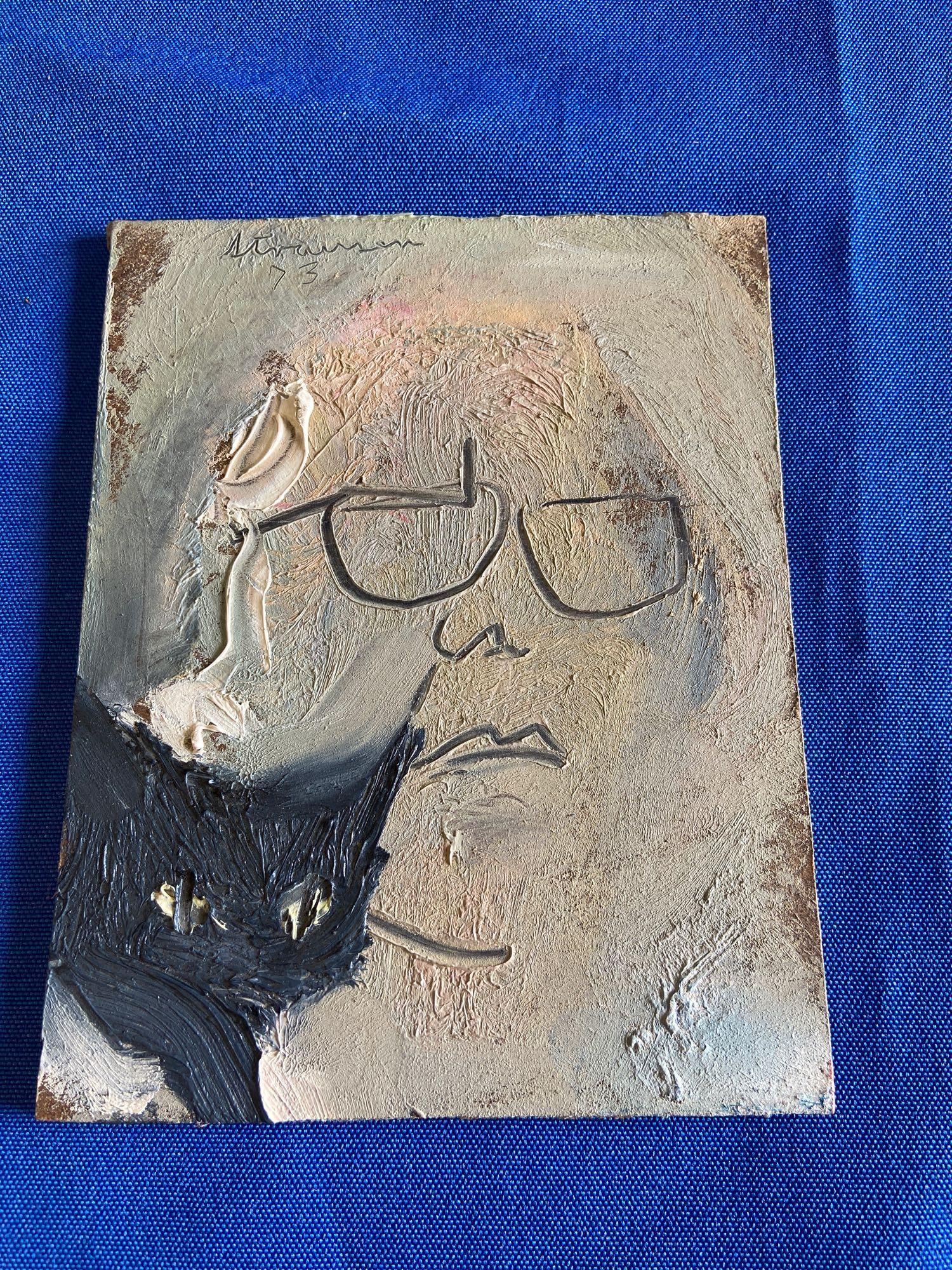 Sterling Strauser. Self-Portrait with Cat: Sterling Strauser (Pennsylvania, 1907-1995). An oil on masonite, self-portrait with cat, signed "Strauser 73", 4in x 5in