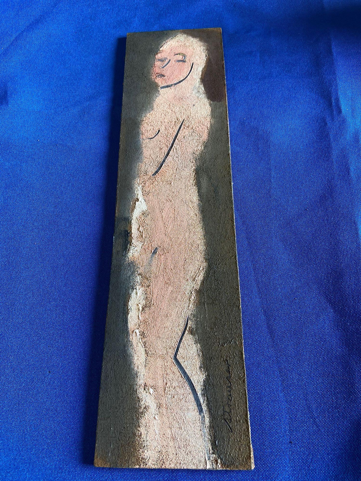 Sterling Strauser. Standing Nude: Sterling Strauser (Pennsylvania, 1907-1995). An oil on masonite, standing nude, signed "Strauser", circa 1973. 3in x 12in.