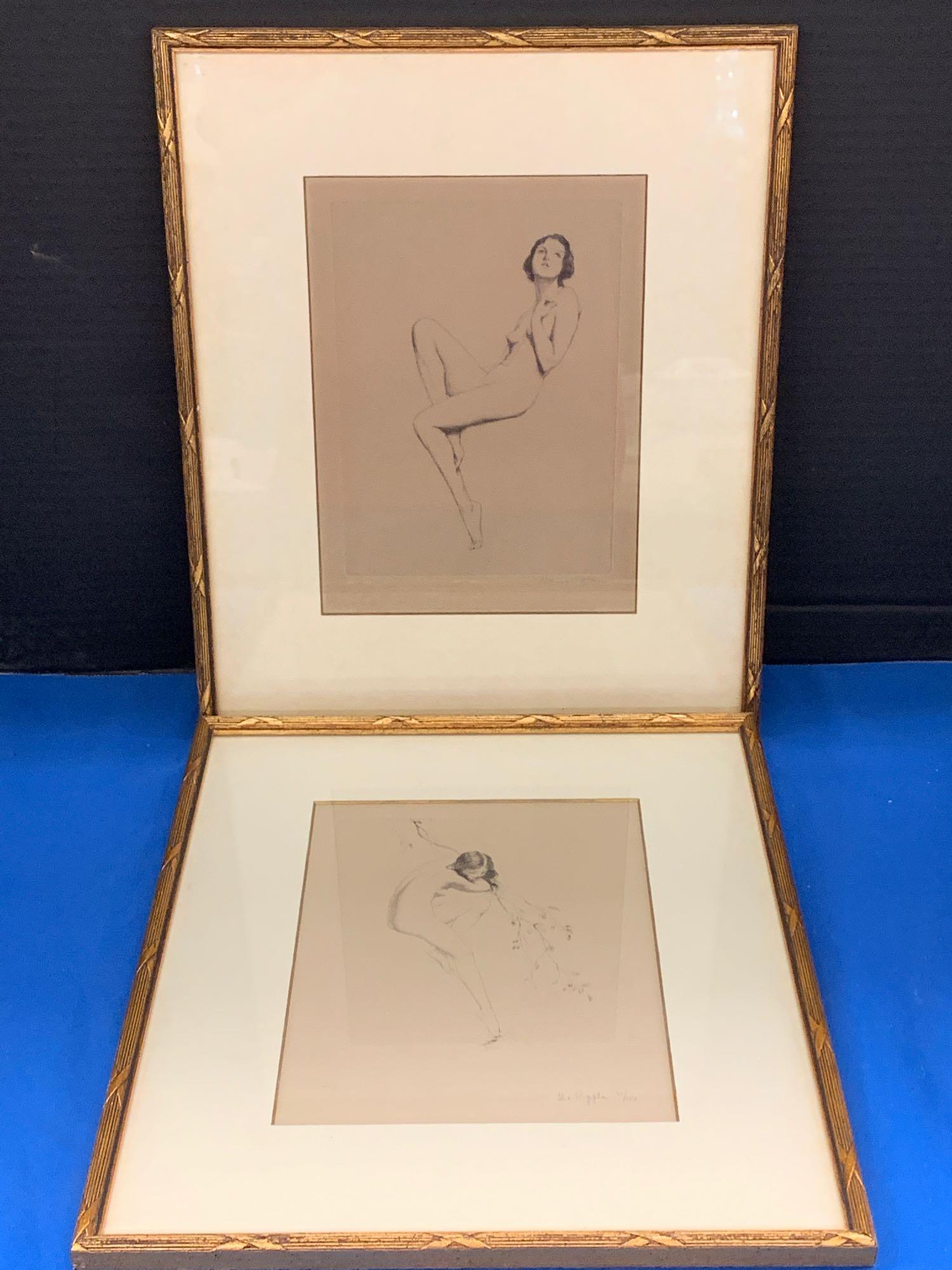 Two Warren Davis Drypoint Etchings: Warren Davis (American, 1865-1928). Two drypoint etchings depicting nude women, titled "The Ripple" (titled in pencil and numbered 31/150) and "Woodland Nymph" (signed in pencil). In matching frames u